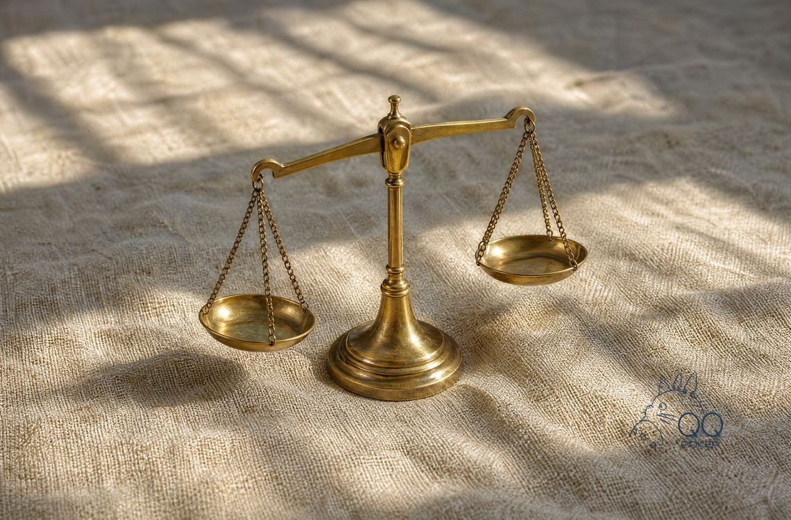 本色亚麻布上一台黄铜双盘天平，一端下沉一端翘起